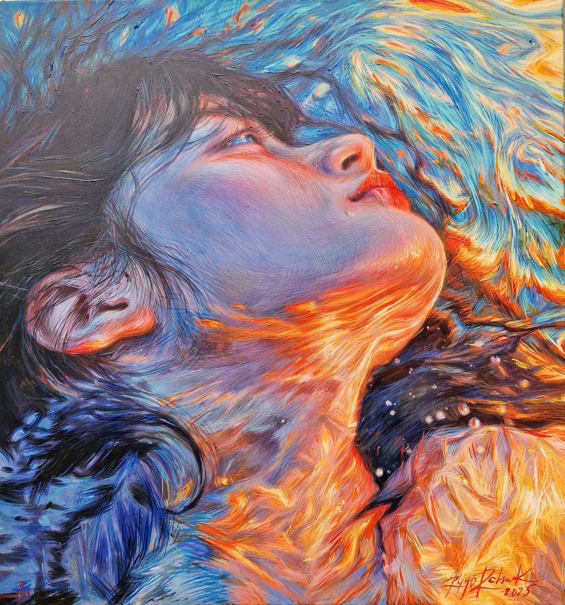 Photorealistic Portrait Acrylic Painting By Lesja Rygorczuk, 30 X 31", Immersion In Color, Original Artwork
