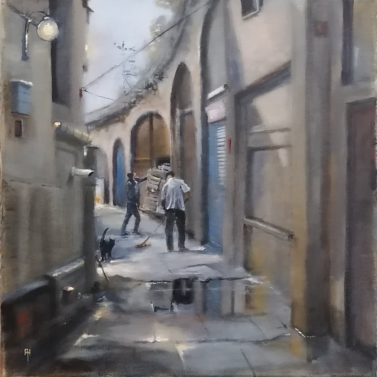 Impressionistic Cityscapes Acrylic Painting By Alan Harris, 16 X 16, Alley Cat, Original Artwork