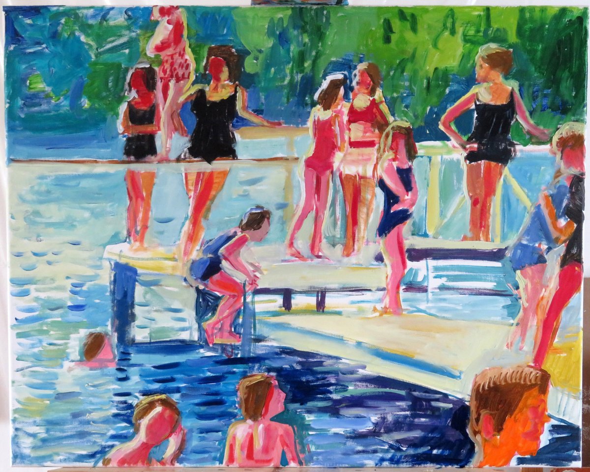 Impressionistic Landscape Oil Painting By Stephen Abela, 30 X 24", Lake Scene With Diving Board, Original Artwork