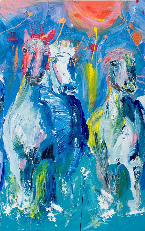 Horse painting - Wild horses I  150 x 100 x 4 cm. Equine art, galopping horses by Oswin Gesselli