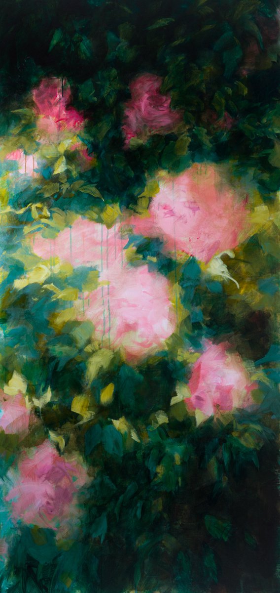 Impressionistic Botanical Acrylic Painting By Fabienne Monestier, 35 X 75, Roses, Original Artwork