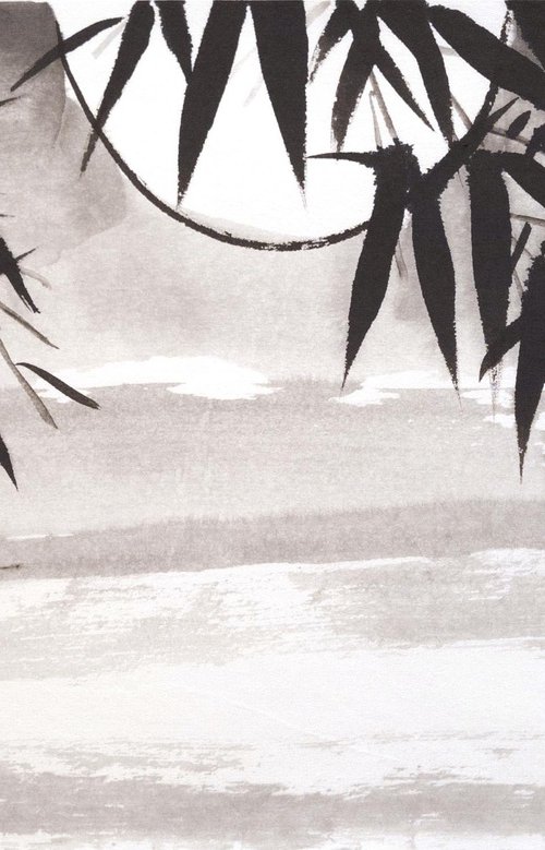 Bamboo on the background of the moon - Oriental Chinese Ink Painting by Ilana Shechter