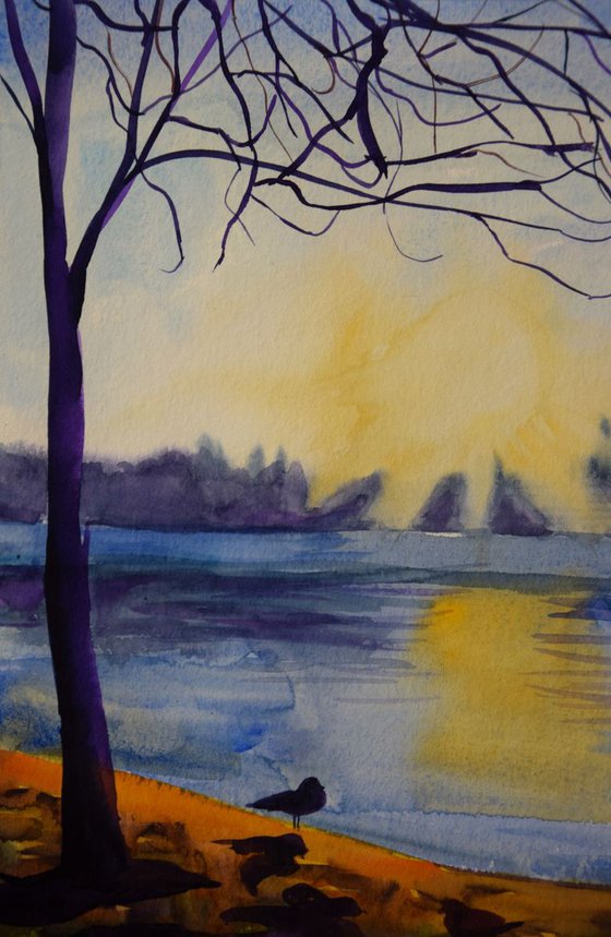 Norwegian watercolor painting Sunset winter lake with birds, romantic gift