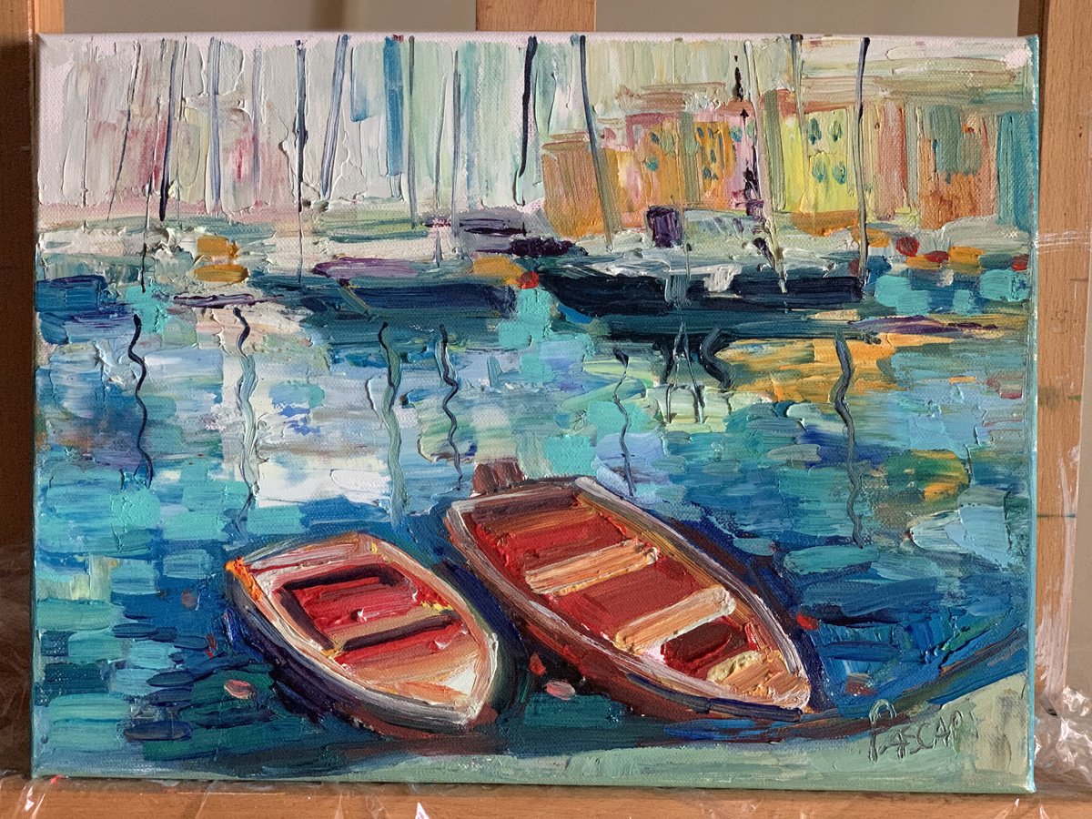 Impressionistic Landscape Oil Painting By Olga Pascari, 16 X 12", Boats On The River, Original Artwork