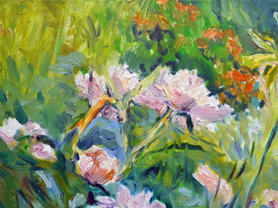 Peonies and Lilies in a Garden