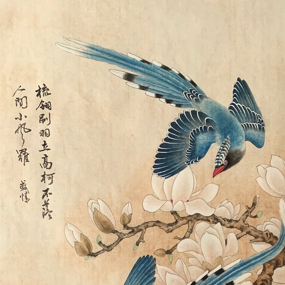 Magnolia Flower & Blue Magpies, Original Gongbi Brush Painting