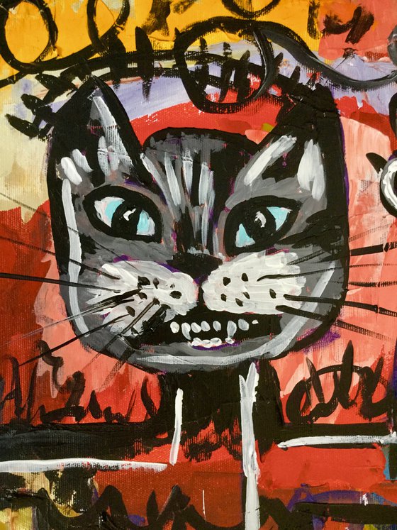 Red and Grey cat without a CROWN version of famous painting by Jean-Michel Basquiat