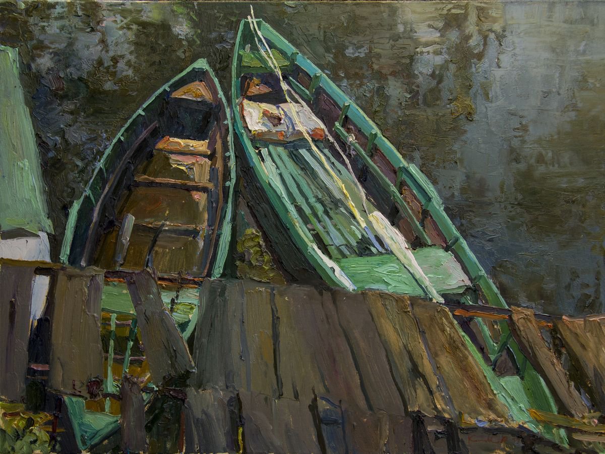 Impressionistic Landscape Oil Painting By Sergey Kostov, 31 X 24", The Two Boats, Original Artwork