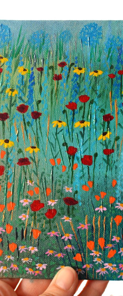 Mini Meadow 4 - poppies, rudbeckias, daisies and agapanthus by Lisa Mann