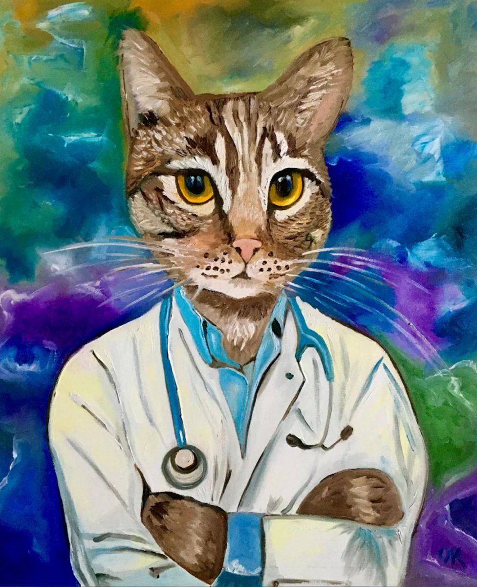 Impressionistic Animal Oil Painting By Olga Koval, 20 X 24", Troy The Cat Doctor, Original Artwork