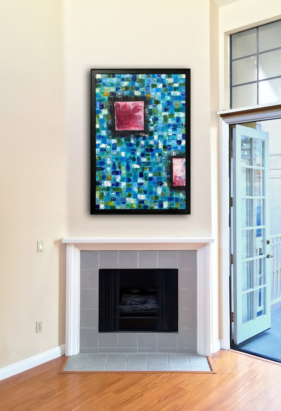 "Mosaic Squared" - Original Highly Textured PMS Abstract Oil Painting On Wood, Framed - 26" x 38"