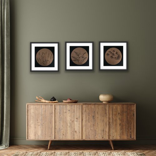 Botanical Triptych Linocuts (Copper on Black - Unframed) by Amy Cundall