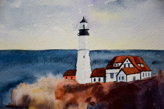 Lighthouse original watercolor painting on craft paper, sea and rocks, hygge home decor