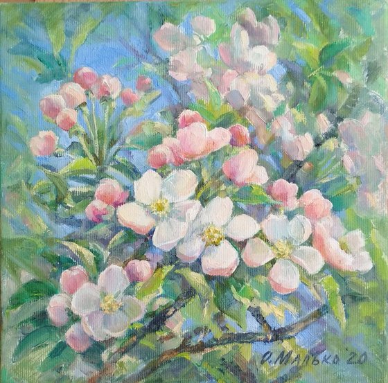 Two seasons. Blooming and reaping / Apple tree flowers and fruits. Spring and fall. Original art work