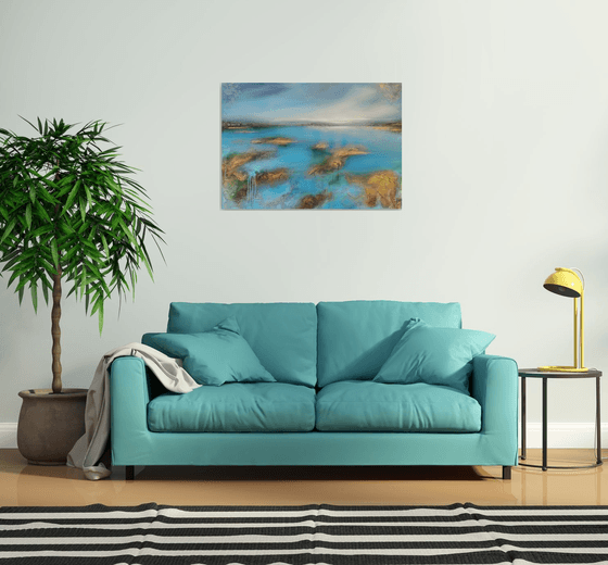 A large abstract beautiful structured mixed media painting of a lake "On the lakeshore"