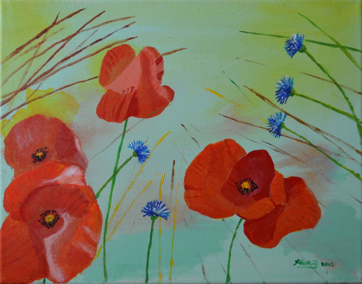 Poppies with Corn Flowers by John Wellburn