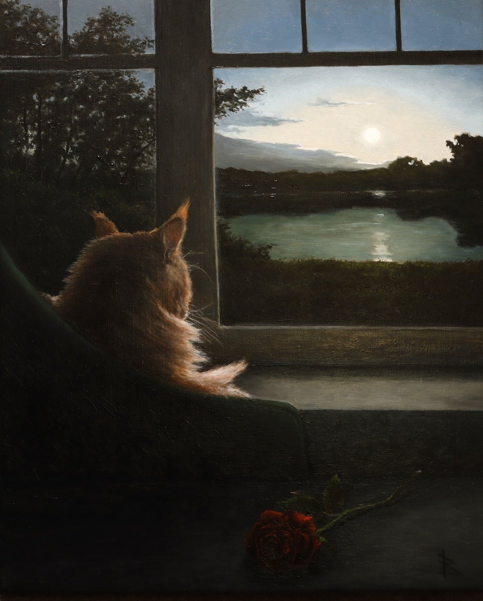 Impressionistic Animal Oil Painting By Oleg Baulin, 20 X 24", Looking At The Moon, Original Artwork