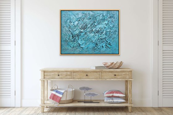 CORAL REEF. Large Abstract Blue Teal Silver Textured Painting 3D
