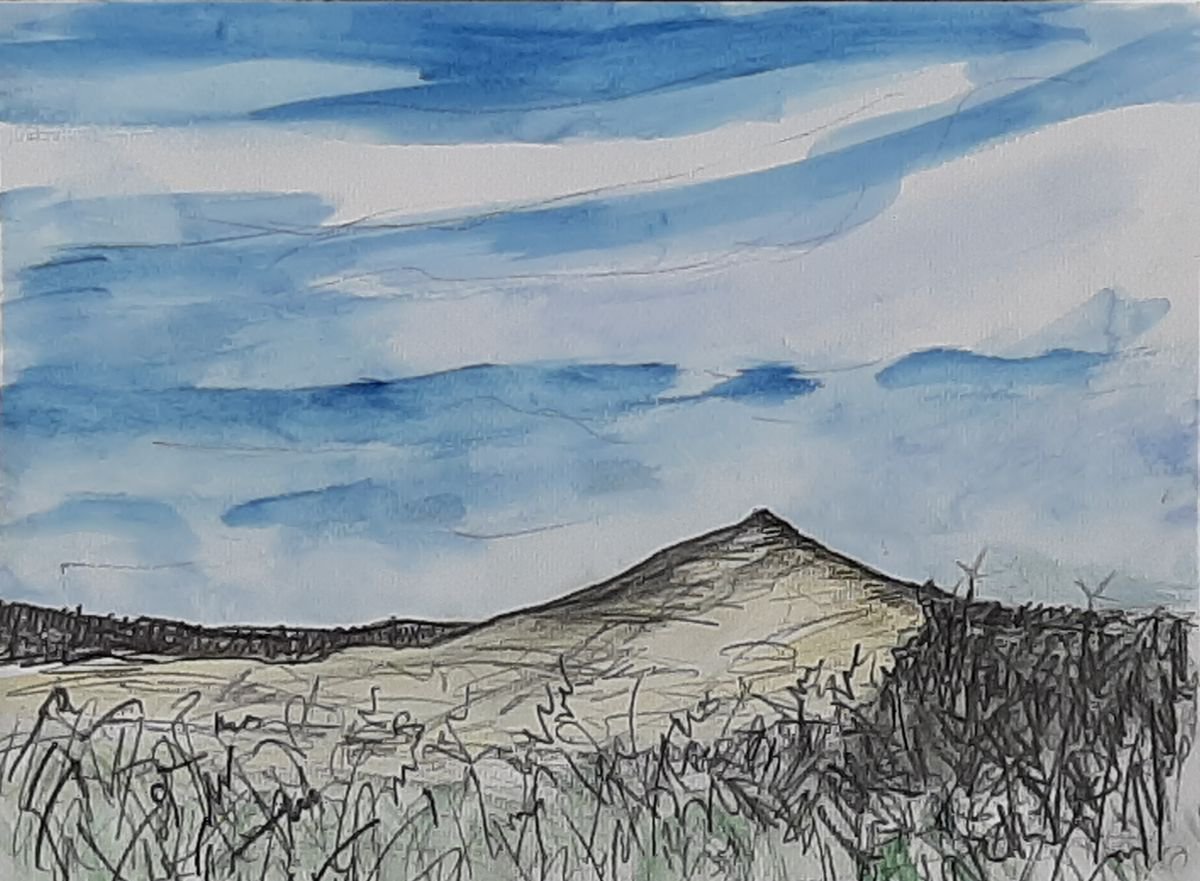 Blue skies over Croghan Mountain Ireland - pencil and watercolour study by Niki Purcell - Irish Landscape Painting