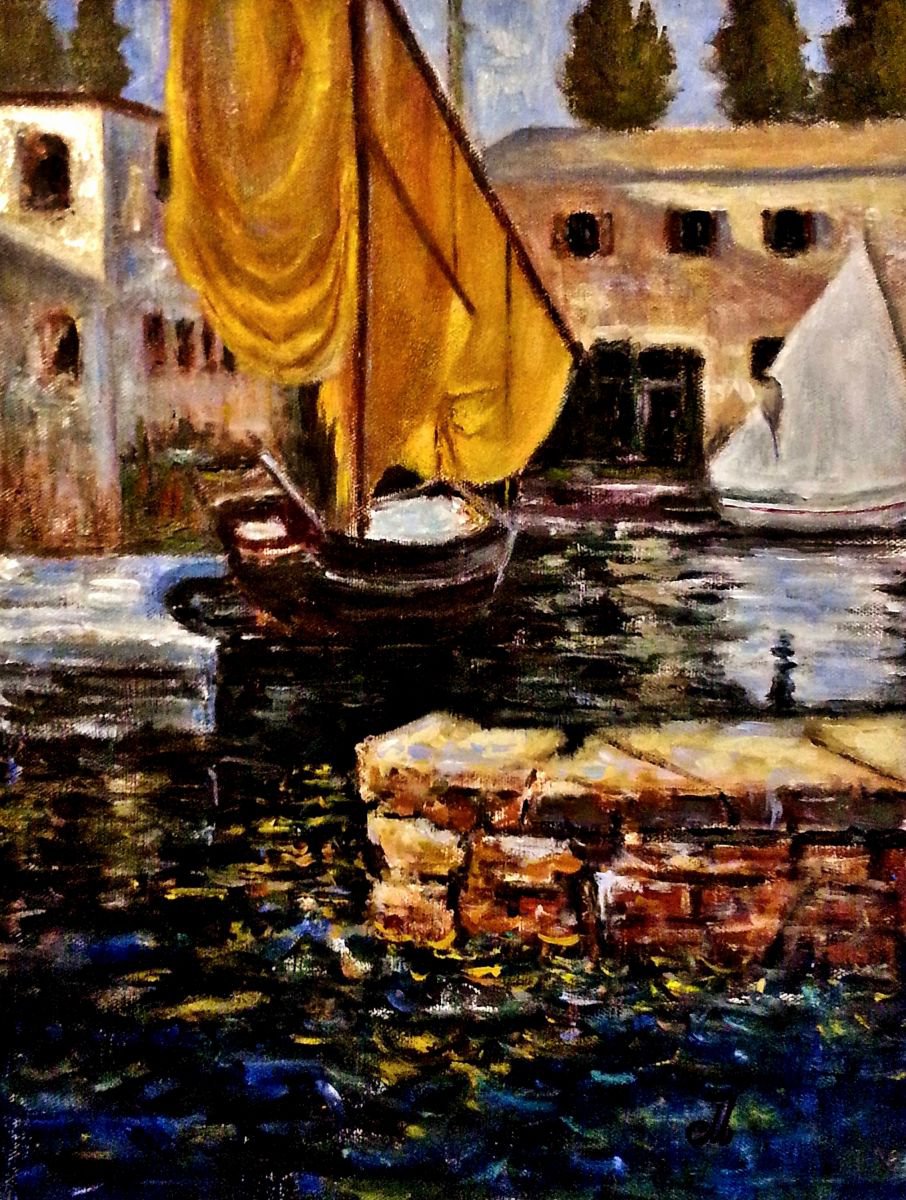 A boat with a golden sail, San Vigilio/free shipping in USA by Cristina Mihailescu