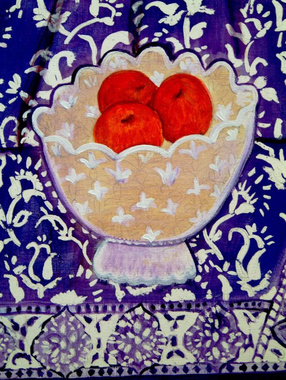 Fruits bowl still Life with purple shawl