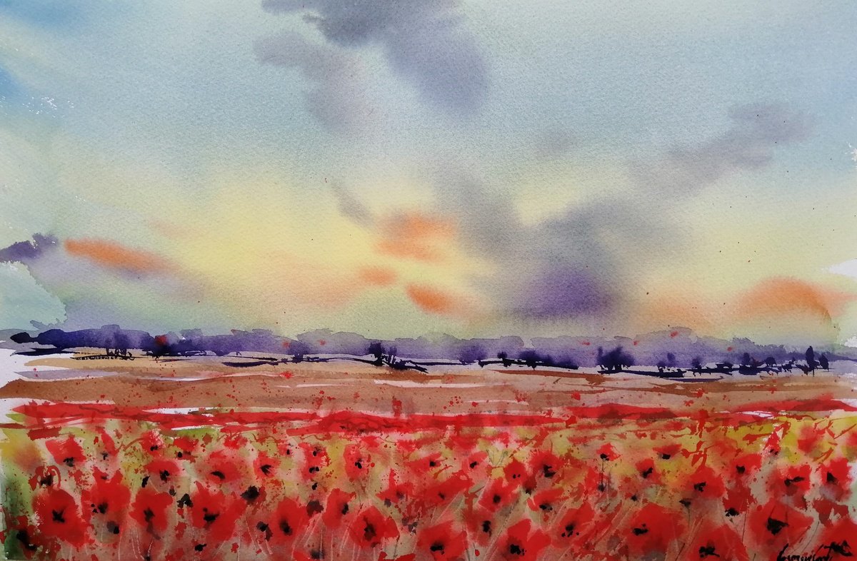 Impressionistic Watercolour , Poppies Field 2 By Giorgio Gosti, 21 X 14, Artwork For Sale On Artfinder