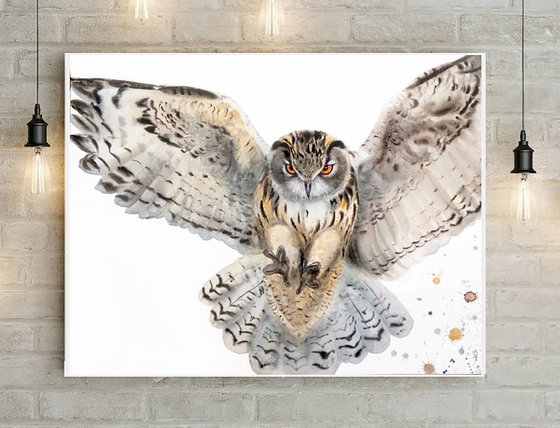 Flying Owl -  Original Watercolor - Wildlife Art - Owl Painting