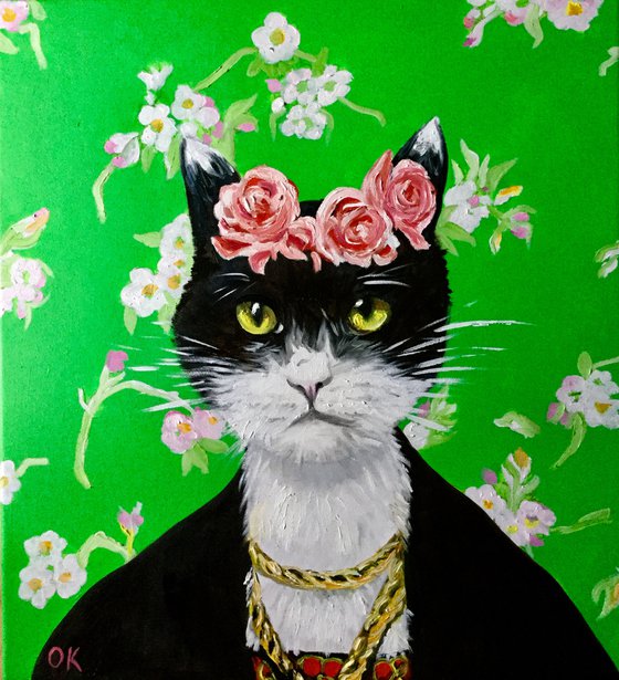 Black cute cat La Frida Kahlo inspired by her self-portrait  with pink roses FELINE ART FOR CAT LOVERS