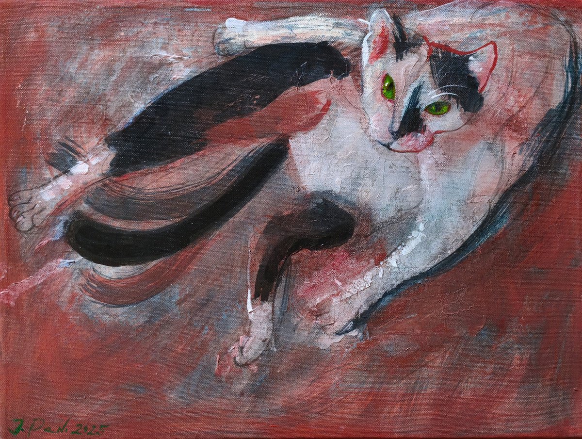 Impressionistic Animal Acrylic Painting By Inna Pantelemonova, 16 X 12, The One Who Washes, Original Artwork