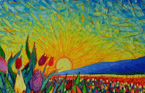 COLOURFUL TULIPS FIELD AT SUNRISE - modern impressionist palette knife oil painting