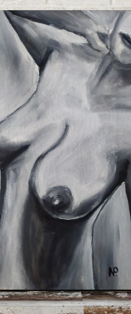 In the shower, erotic nude black and white oil painting, Gift, bedroom painting by Nataliia Plakhotnyk