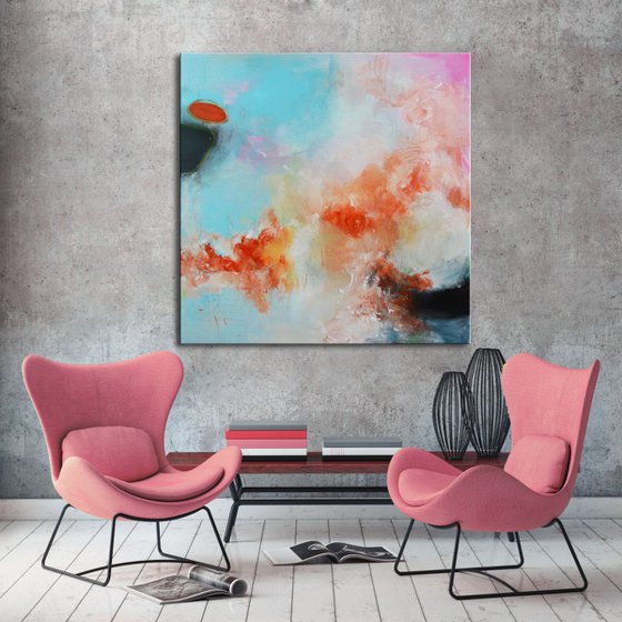 Floating Orange on Lollipop Sky - blue and pink square painting