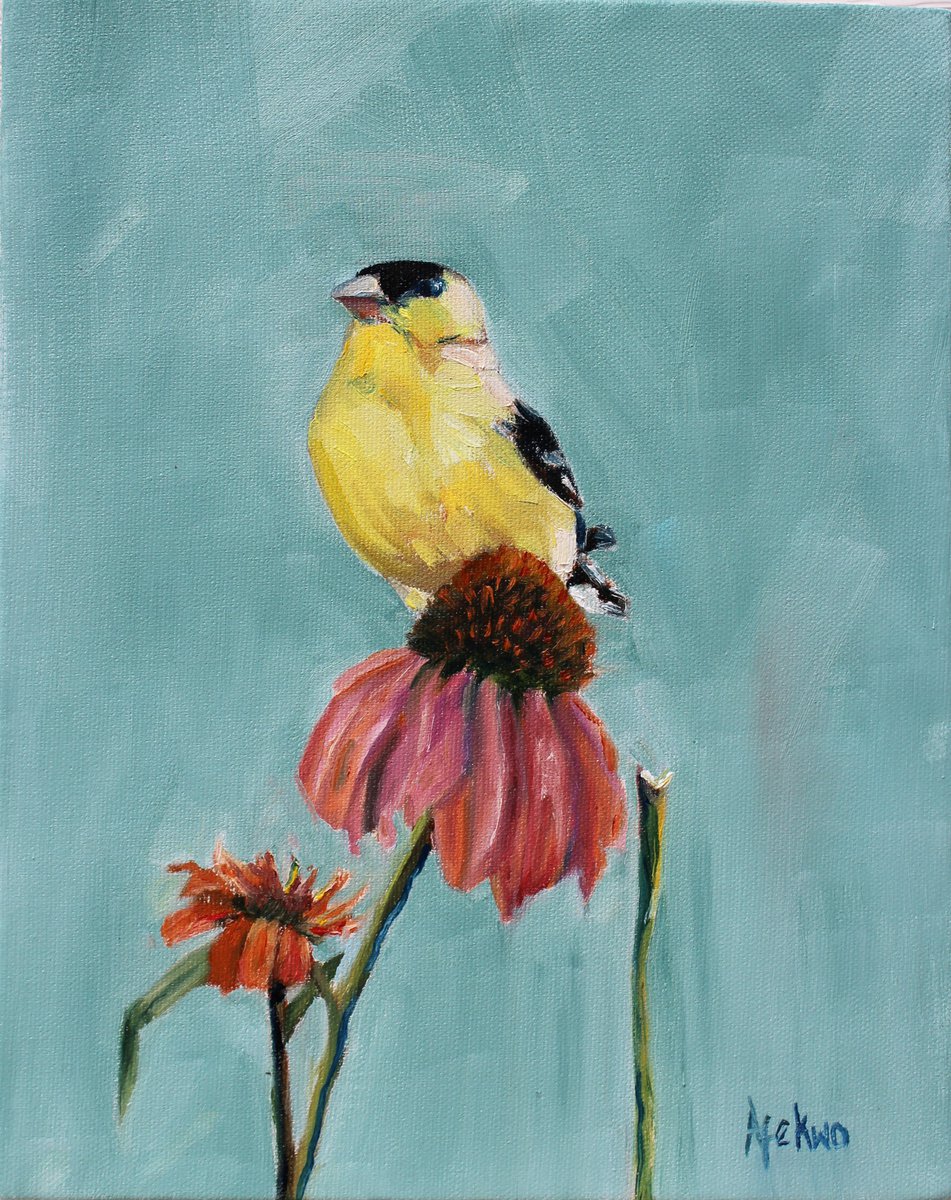 Impressionistic Animal Oil Painting By Afekwo, 9 X 11, American Goldfinch Ii, Original Artwork