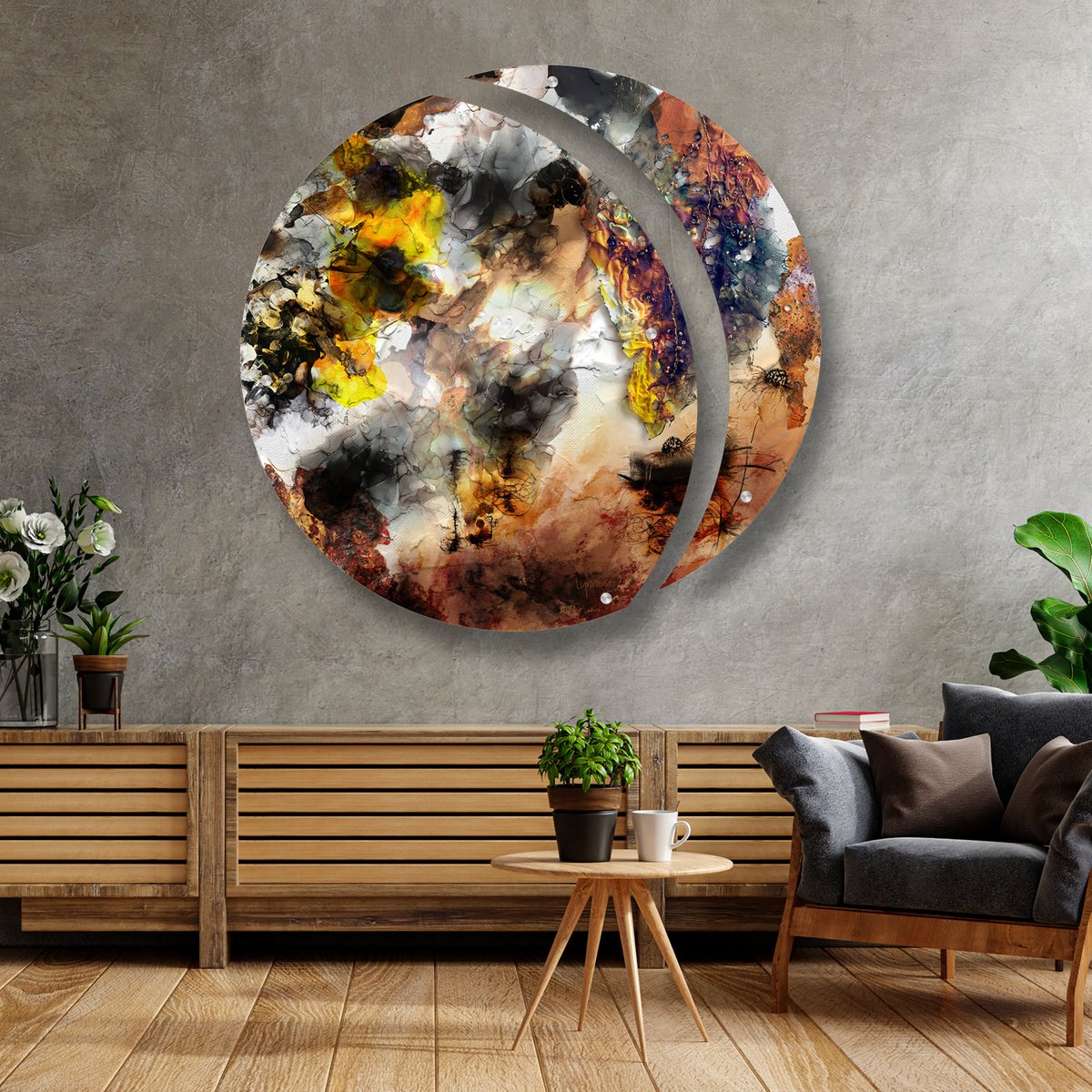 Abstract Print By Lynne Godina-Orme, 49 X 49", Ring Of Fire - Diptych, Original Artwork