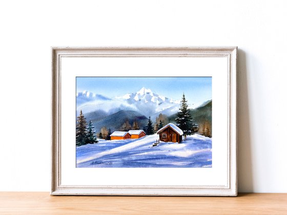 Alpine Radiance oroginal watercolor artwork, snow painting witt mountains and chaletб gift idea