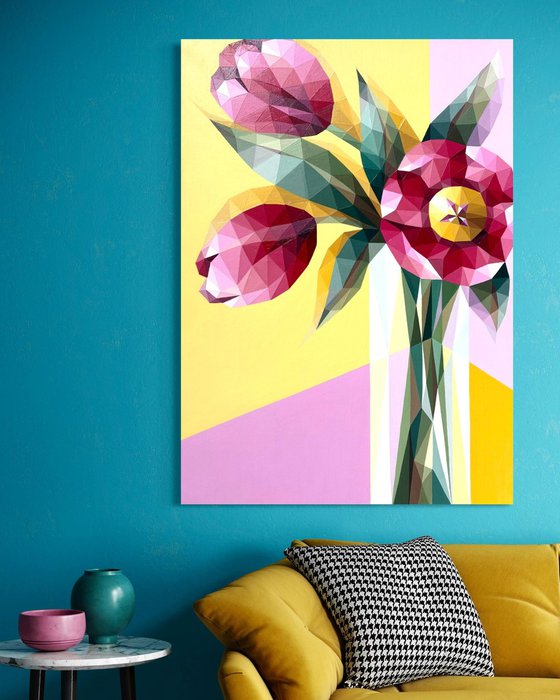 BOUQUET OF PINK TULIPS IN A VASE ON YELLOW
