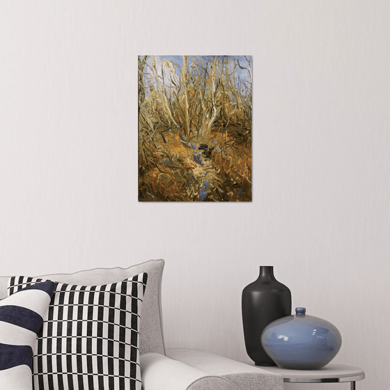 LANDSCAPE. THICKETS OF RELICT FOREST - original painting, oil on canvas, mustard blue colours, impressionist art 45x35