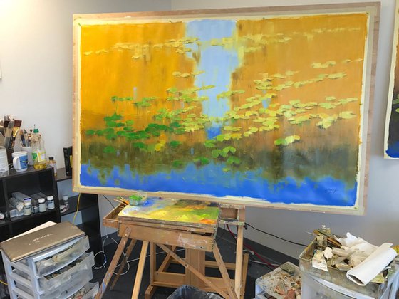 Waterlilies in Autumn, Large Original oil Painting, Handmade artwork, One of a Kind