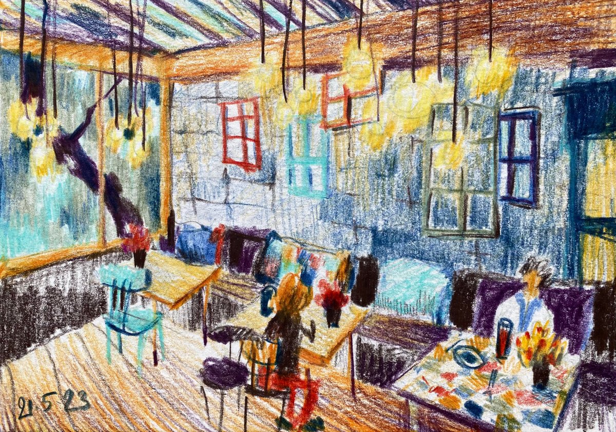colorful cafe - pencil drawing by Anna Boginskaia