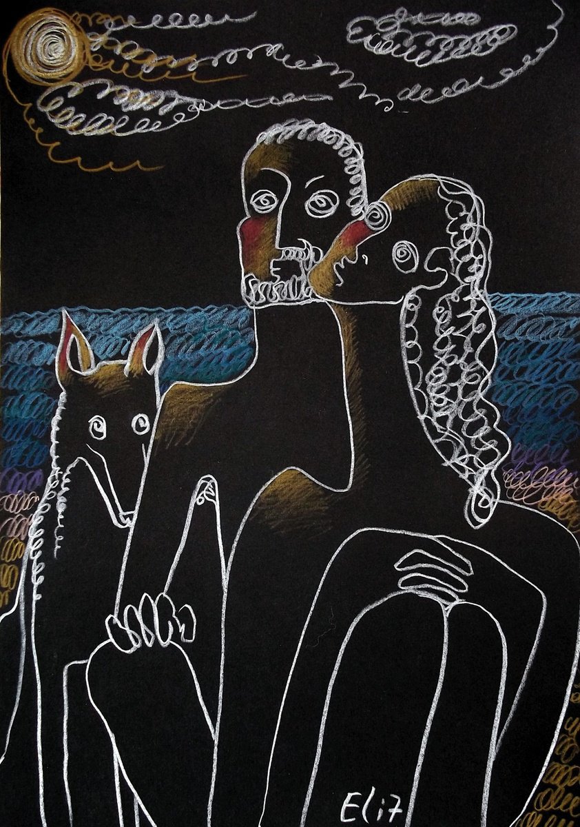 Expressive Portrait Pencil Drawing By Elisheva Nesis, 9 X 13, Night Beach, Original Artwork