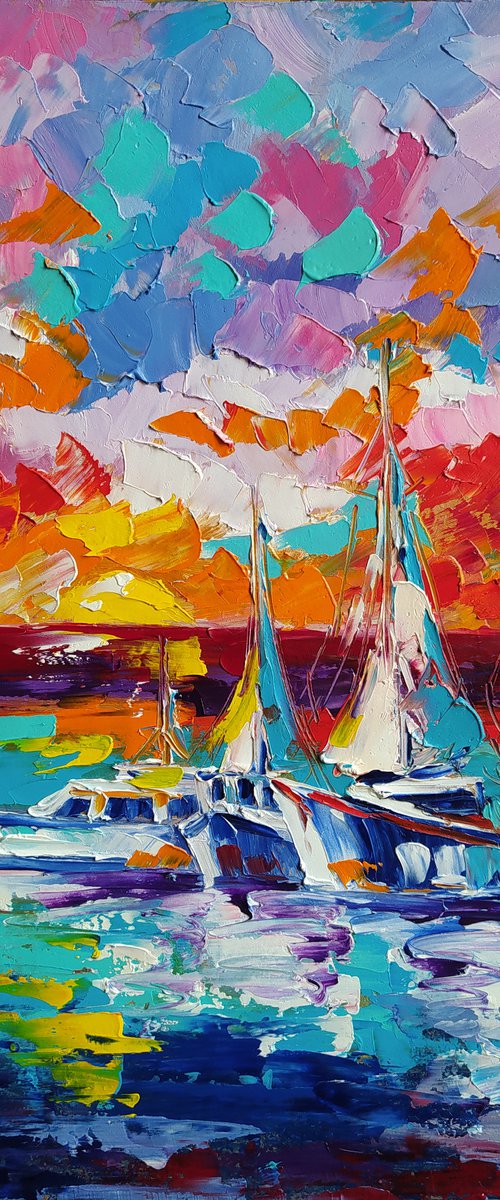 Yachts at sunset - yacht, oil painting, boats, sunset, yacht club, seascape, sea with yachts, yacht original painting, gift for man by Anastasia Kozorez