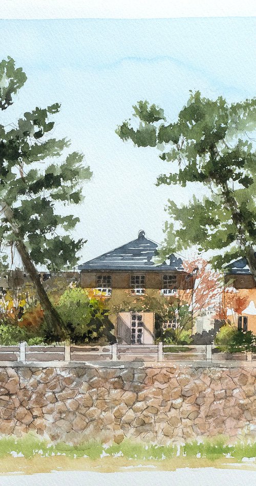 Riverside Restaurant - Watercolor Painting by Masato Watanabe