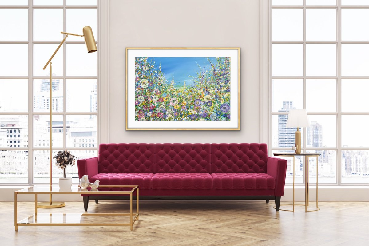 Impressionistic Botanical Acrylic Painting By Jan Rogers, 36 X 24, Lemon And Lilac Meadow, Original Artwork