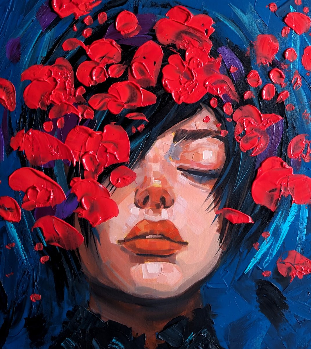 Abstract Portrait Acrylic Painting By Trayko Popov, 20 X 24", Red Petals, Original Artwork