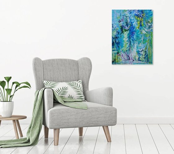 Abstract Tropical Flowers. Floral Garden. Magic Garden. Abstract Blue Floral Original Painting on Canvas 46x61cm Modern Art