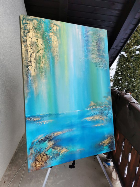 A XL large semi-abstract beautiful structured mixed media painting of a lake "Under the willow"