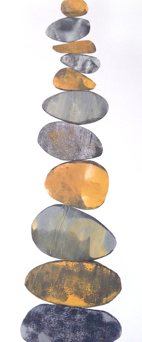 Zen stones - Twelve stones #12  ( banded balancing stones lino/monoprint) by Carolynne Coulson