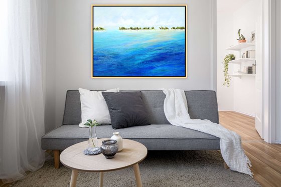 SUMMER BREEZE. Large Seascape Abstract Beach Painting. Tropical Island Blue Ocean Textured Art, Sea Waves, Sky with Clouds, Sailboats, Palm Trees. Modern Impressionism