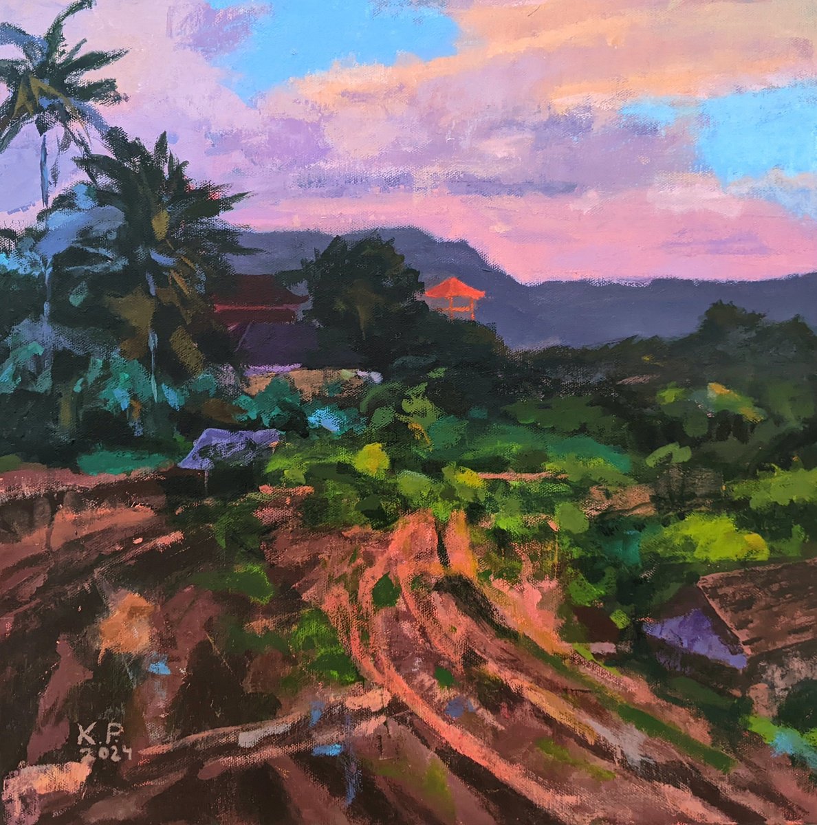 Photorealistic Landscape Acrylic Painting By Kasia Pawlak, 18 X 18", Evening In Bali, Original Artwork