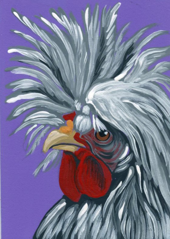 ACEO ATC Original Miniature Painting Showgirl Silkie Chicken Pet Bird Art-Carla Smale